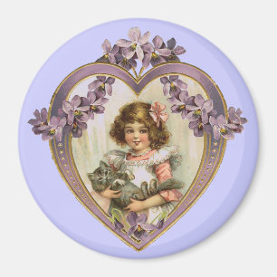 Aimant Vintage Valentine Heart Girl & Kitty