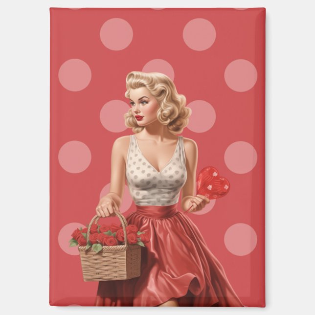 Aimant Vintage Valentine Pin-Up Girl with Roses (Recto)