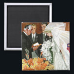 Aimant Vintage Wedding Ceremony, Bride Groom Newlyweds<br><div class="desc">Vintage illustration love and romance wedding ceremony with a priest reading the newlywed couples vows. The bride is wearing a beautiful wedding gown and a veil and holding a formal floral wedding bouquet of cascading white flowers,  the handsome groom is dressed in a tuxedo suit.</div>