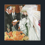 Aimant Vintage Wedding Ceremony, Bride Groom Newlyweds<br><div class="desc">Vintage illustration love and romance wedding ceremony with a priest reading the newlywed couples vows. The bride is wearing a beautiful wedding gown and a veil and holding a formal floral wedding bouquet of cascading white flowers,  the handsome groom is dressed in a tuxedo suit.</div>