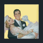 Aimant Vintage Wedding Newlyweds, Happy Bride and Groom<br><div class="desc">Cute retro 50s kitsch design for a fun refrigerator magnet! To change the background color or add some custom text just click the "customize it" button to access the design tools.
Vintage illustration love and romance wedding image featuring a handsome groom carrying his beautiful newlywed bride.</div>