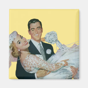 Aimant Vintage Wedding Newlyweds, Happy Bride and Groom