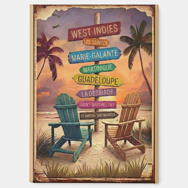 Aimant Vintage West Indies Beach Sign / Panneau Antilles (Recto)