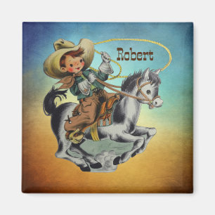 Aimant Vintage Western Cowboy Kid On Horse avec corde