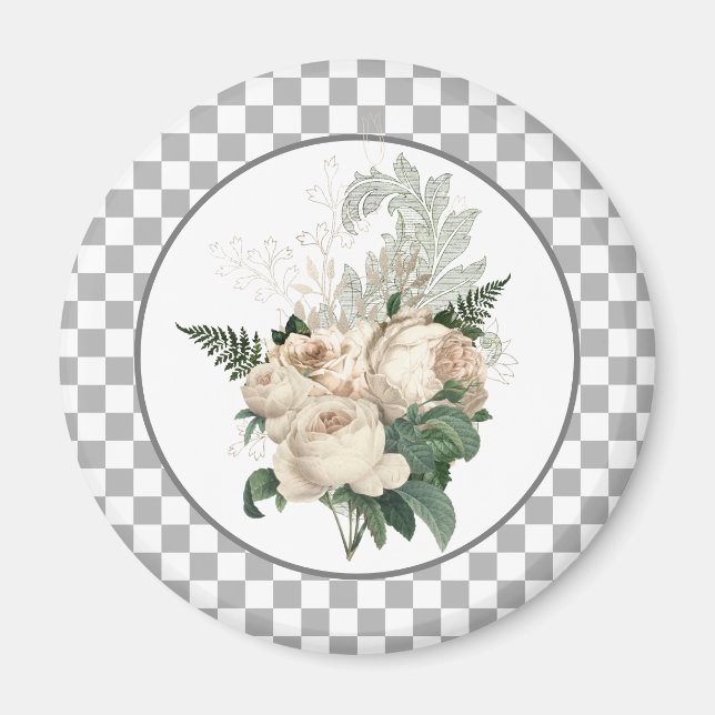 Aimant Vintage White Roses Checkerboard  (Devant)