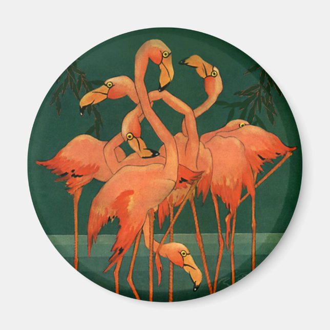 Aimant Vintage Wild Animal Birds, Tropical Pink Flamingos (Devant)