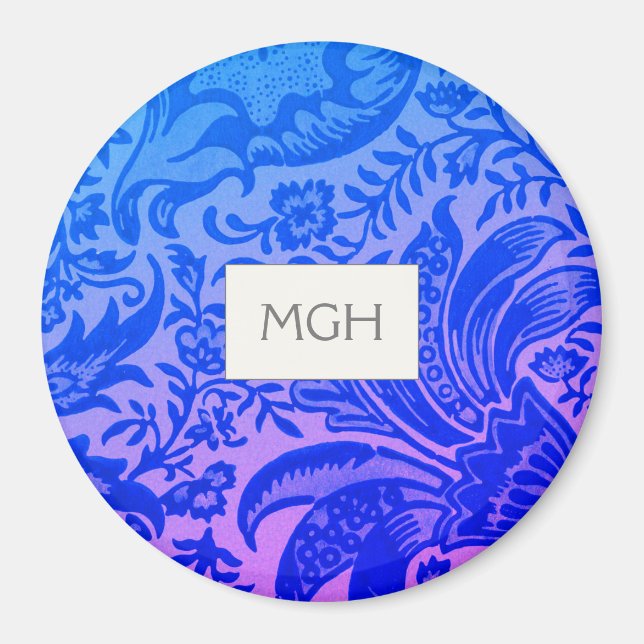Aimant Vintage William Morris Bleu Monogramme botanique (Devant)