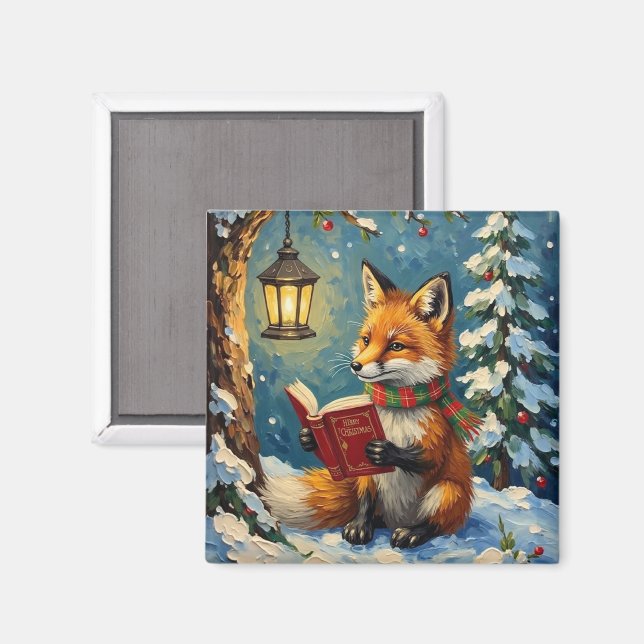 Aimant Vintage Winter Fox Reading by Lantern Light (Recto/Verso)