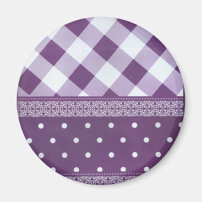 Aimant Violet blanc À damiers Polka Dot Floral Damask Art (Devant)