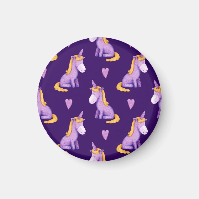 Aimant Violet Unicorns Hearts Aquarelle Motif. (Devant)