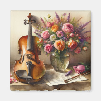 Aimant Violon, Partition et un Vase de Fleurs