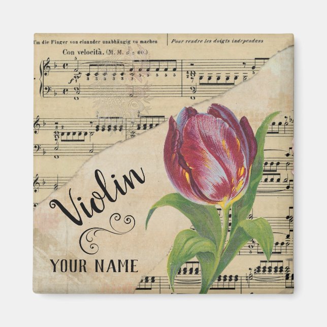 Aimant Violon Tulip Partition Vintage Musique Customisée (Devant)