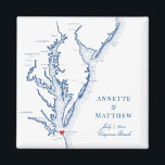 Aimant Virginia Beach Destination Wedding Favor<br><div class="desc">Commande rapide et facile ! Ces magnets de carte de Virginia Beach en Virginie font de grands faveurs de mariage de Virginie à inclure dans votre sac d'accueil de mariage de destination de VA Beach. Déplacez le coeur en cliquant sur "Editer à l'aide de l'outil de conception" sous "Personnaliser". Avec...</div>