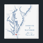 Aimant Virginia Beach Destination Wedding Favor<br><div class="desc">Commande rapide et facile ! Ces magnets de carte de Virginia Beach en Virginie font de grands faveurs de mariage de Virginie à inclure dans votre sac d'accueil de mariage de destination de VA Beach. Déplacez le coeur en cliquant sur "Editer à l'aide de l'outil de conception" sous "Personnaliser". Avec...</div>