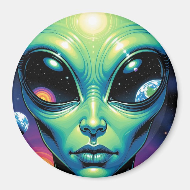 Aimant Visage Alien avec des planètes Réflexions dans les (Devant)