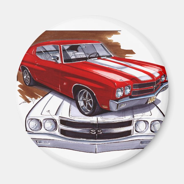 Aimant Voiture Chevelle rouge-blanc 1970 (Devant)