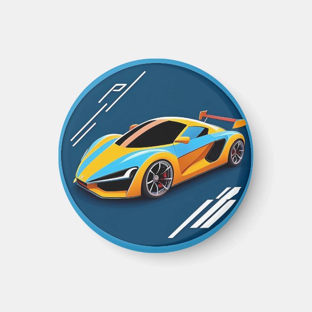 Aimant Voiture de sport jaune sur fond bleu (Devant)