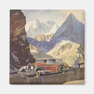Aimant Voiture vintage sur une route de montagne en hiver