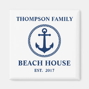 Aimant Votre nom de famille Beach House Ancre de mer Bleu