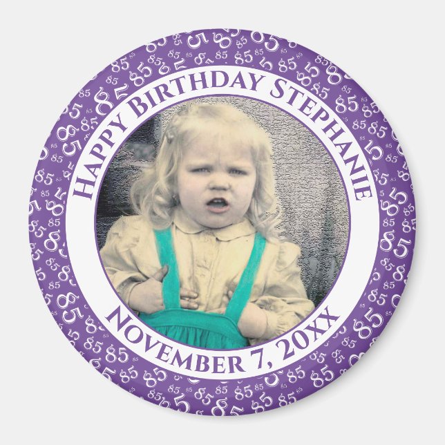 Aimant Votre photo 85e anniversaire Motif | Violet/Blanc (Devant)