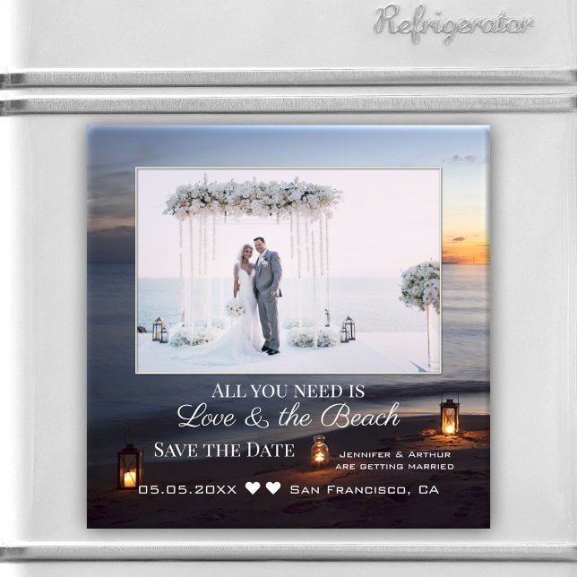 Aimant Votre photo Sea Sunset Enregistrer l'aimant Date (An elegant photo magnet featuring your custom photo in a beach scene at sunset.)