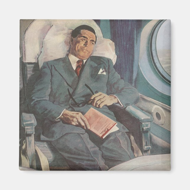 Aimant Voyage d'affaires vintage, lecture dans l'avion (Devant)