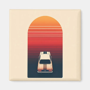 Aimant Voyage en voiture rétro minimaliste au coucher du