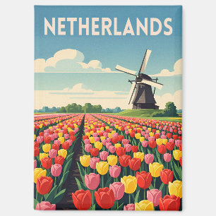 Aimant Voyage Rétro Vintage Pays-Bas Tulipes Paysage