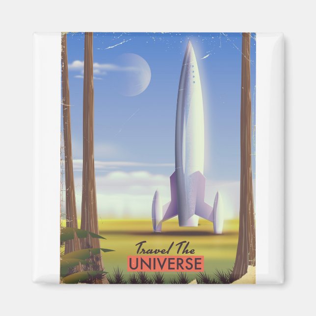 Aimant Voyagez dans l'Univers, art spatial rétro. (Devant)