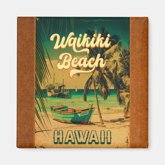 Aimant Waikiki Beach Hawaii Palmiers Vintages Souvenir (Devant)