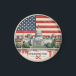 Aimant Washington DC Skyline<br><div class="desc">Montrez votre amour pour la capitale nationale avec ce design audacieux de style vintage à Washington D.C. Doté de l'emblématique bâtiment du Capitole américain, le Washington Monument, et d'un soleil éclatant dans une palette rétro Americana, cet article marie histoire et style. Parfait pour les cadeaux patriotiques, les souvenirs de voyage...</div>