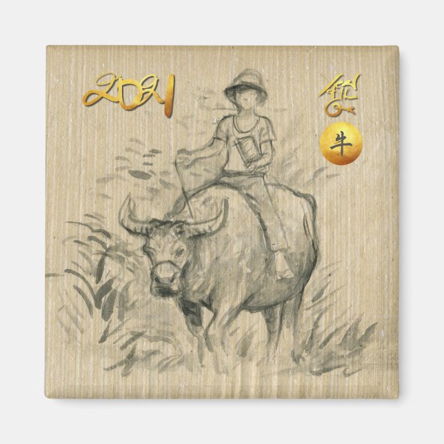 Aimant Water Buffalo Kid Chinese Ox Année 2021 SqRM Magn (Devant)