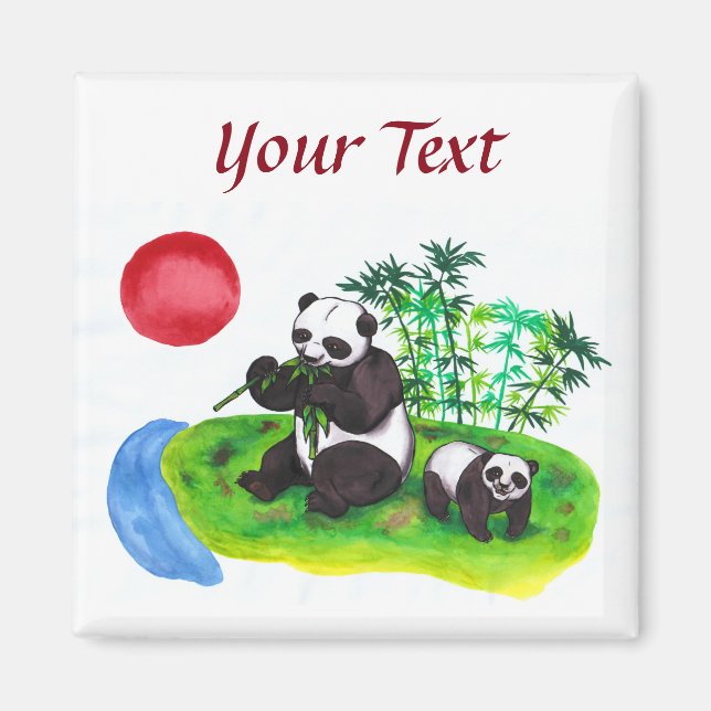 Aimant Watercolor art Panda chinois mère et son petit (Devant)