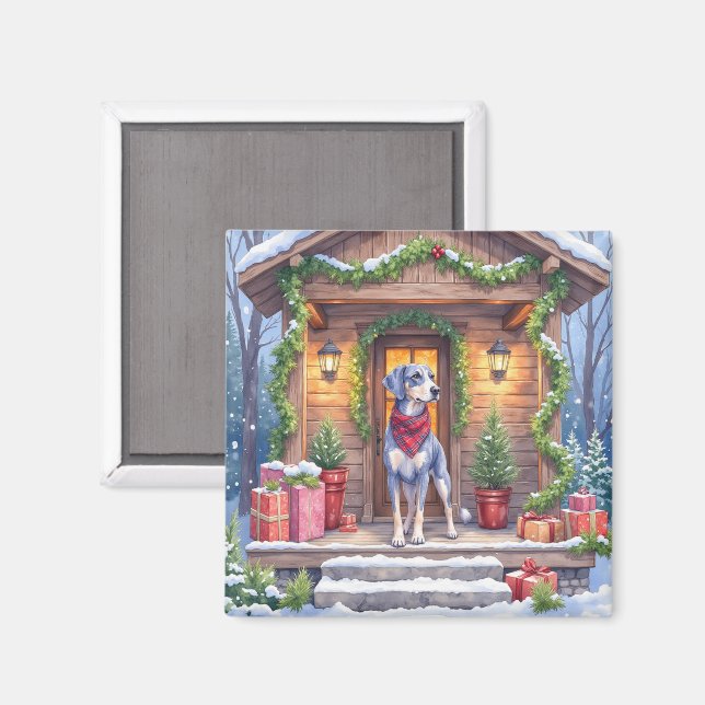 Aimant Watercolor Bluetick Coonhound Cabin Porch Christma (Recto/Verso)