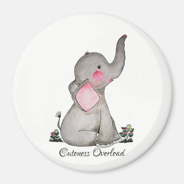 Aimant Watercolor Cute Baby Elephant With Blush & Flowers (Devant)