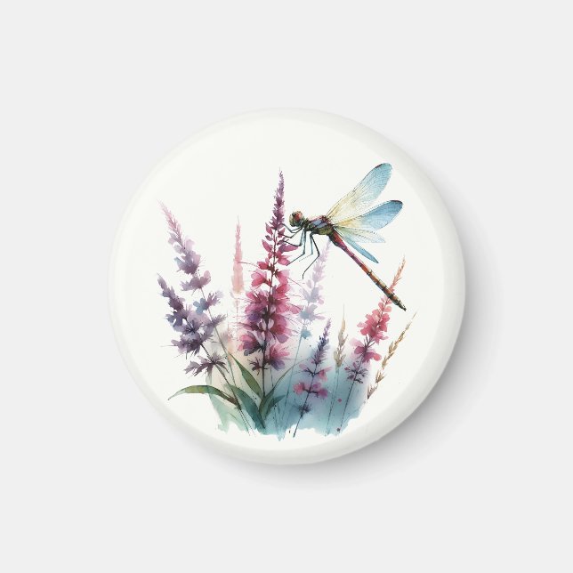 Aimant Watercolor Dragonfly Purple Wildflower Nature Art (Devant)