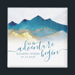 Aimant Watercolor Golden Mountains Wedding Save The Date<br><div class="desc">Let The Adventure Begin! Modern Vintage Elegant Wedding Save The Date Magnet Template - Blue Green and Faux Gold Foil Watercolor Mountains Landscapes Scenery. These Designs Can Be Personalized For Your Special Occasion And Would Be Perfect For Your Wedding, Bridal Shower, Engagement Party, Birthday Party And Many More Special Occasions....</div>
