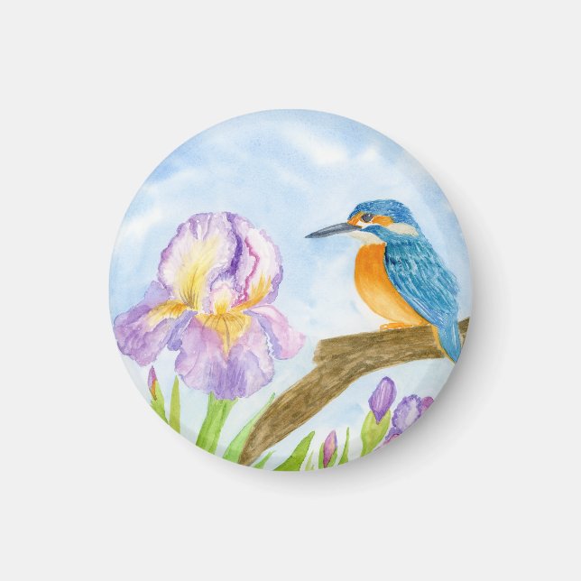 Aimant Watercolor Kingfisher with Purple Irises (Devant)