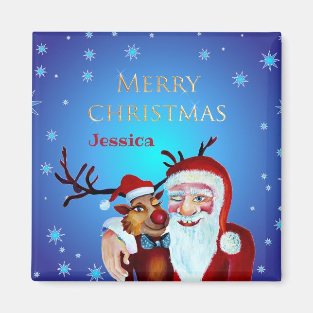 Aimant Watercolor Magical Santa Claus Smiling Rudolph (Devant)