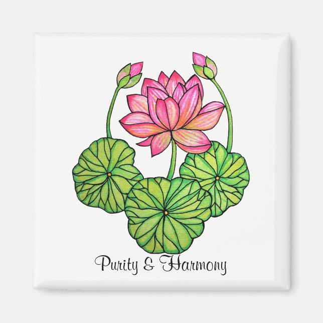 Aimant Watercolor Pink Lotus with Buds & Leaves (Devant)