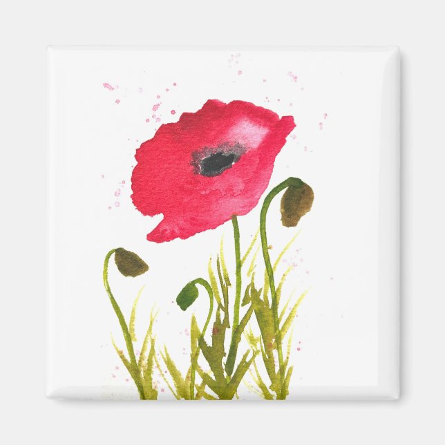 Aimant Watercolor red poppies flowers chic rustic (Devant)