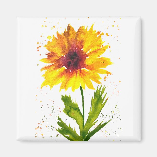 Aimant Watercolor yellow sunflower flower chic rustic (Devant)