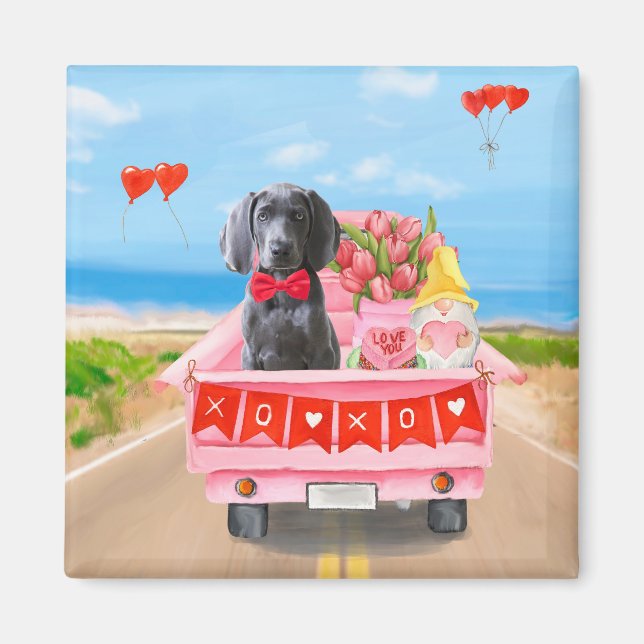 Aimant Weimaraner Chien Valentine's Day Coeurs de camion (Devant)