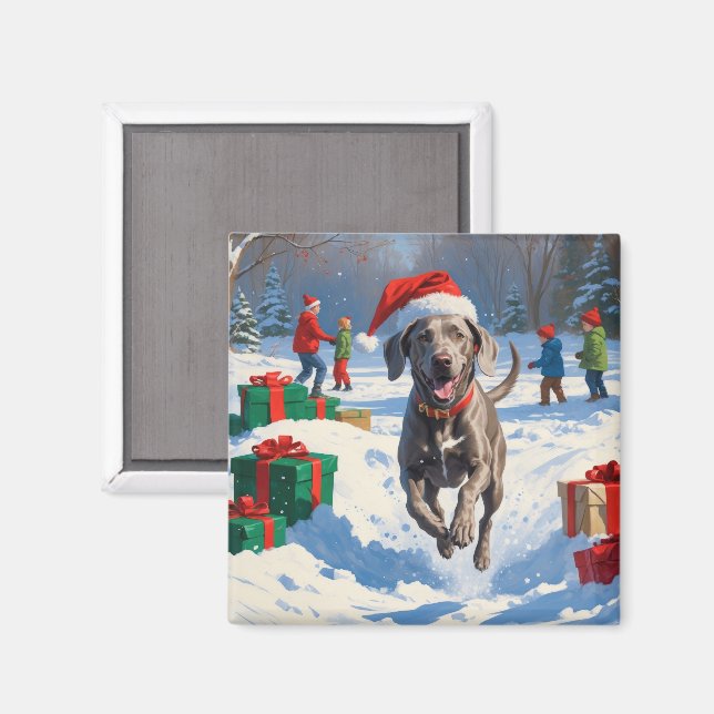 Aimant Weimaraner courant dans la neige avec un chapeau d (Recto/Verso)