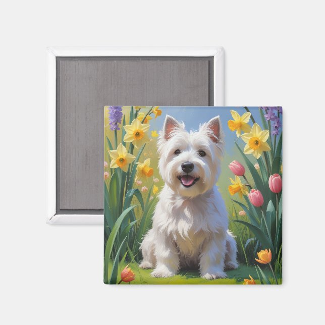 Aimant West Highland White Terrier Fleurs de printemps (Recto/Verso)