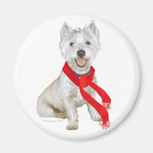 Aimant Westie d'hiver dans une écharpe rouge
