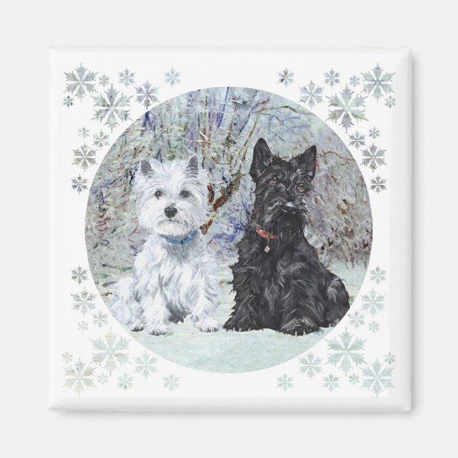 Aimant Westie et Scottie dans un paysage enneigé (Devant)