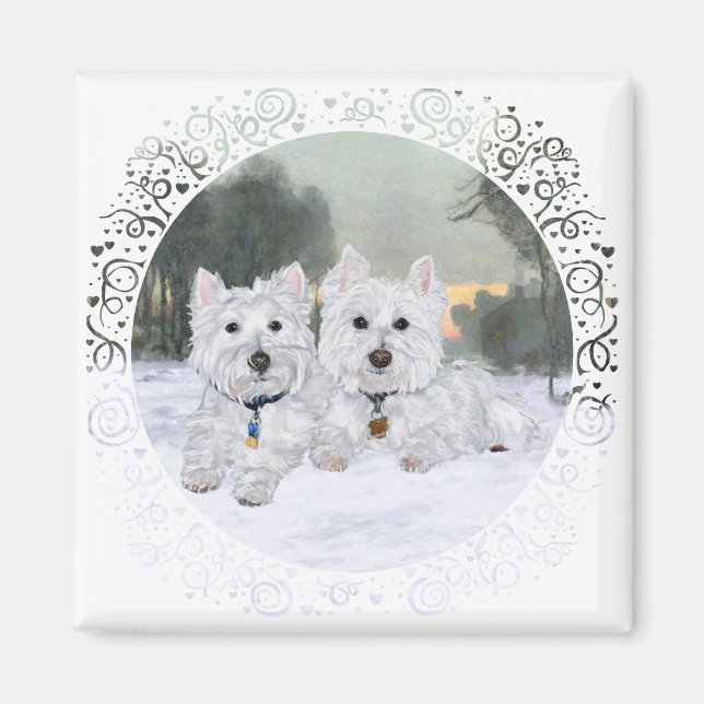 Aimant Westies en hiver (Devant)