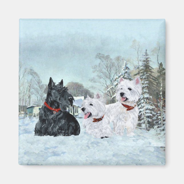Aimant Westies & Scottie en hiver (Devant)