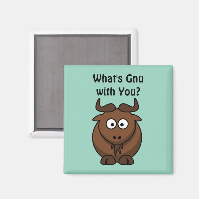 Aimant What’s Gnu, Funny Buffalo Cartoon Animal Pun (Recto/Verso)